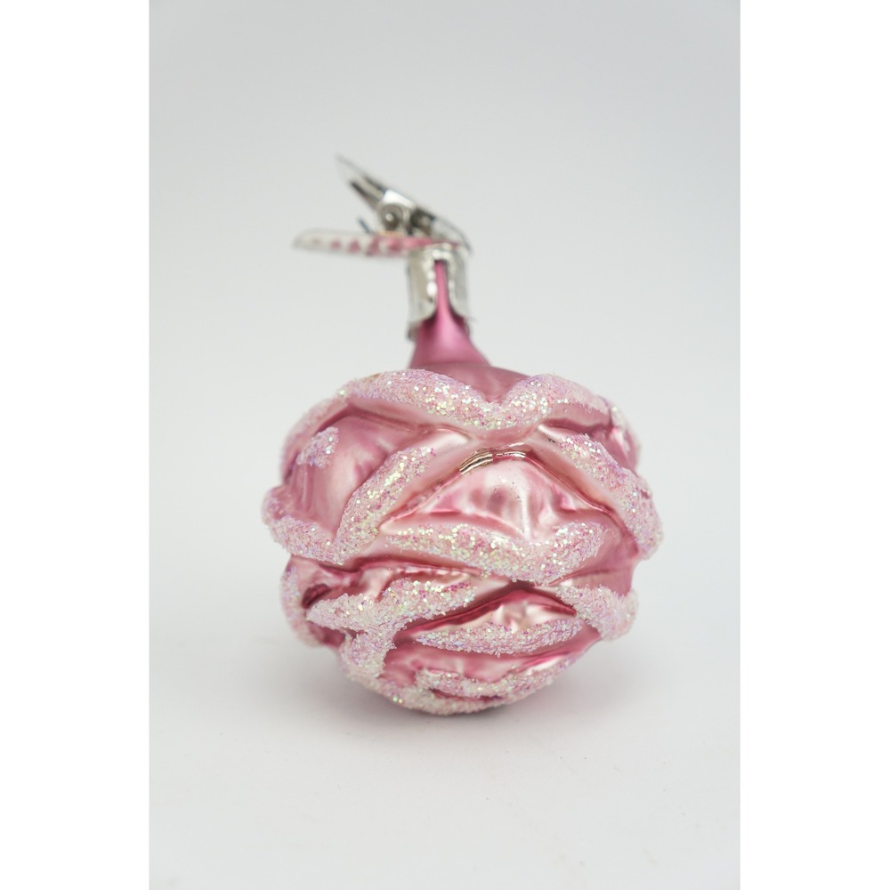 Vintage Christmas Ornament Pink Rose Bud Blown Glass Glitter Clip On EUC